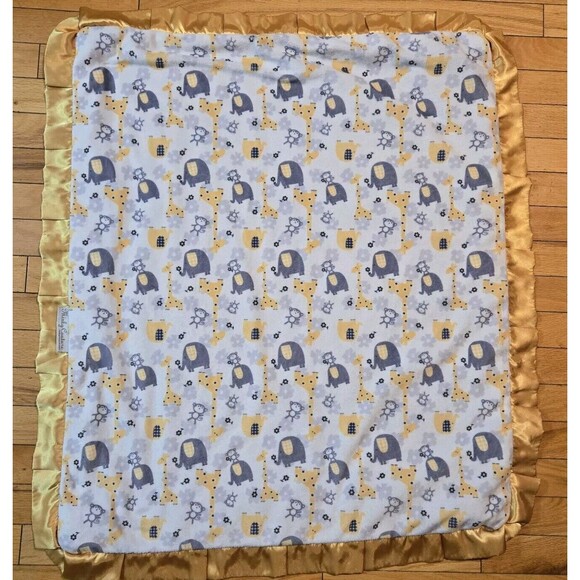 Minky Couture Elephant Monkey Giraffe Satin Trim Baby Blanket Gray Gold Soft - Picture 2 of 9